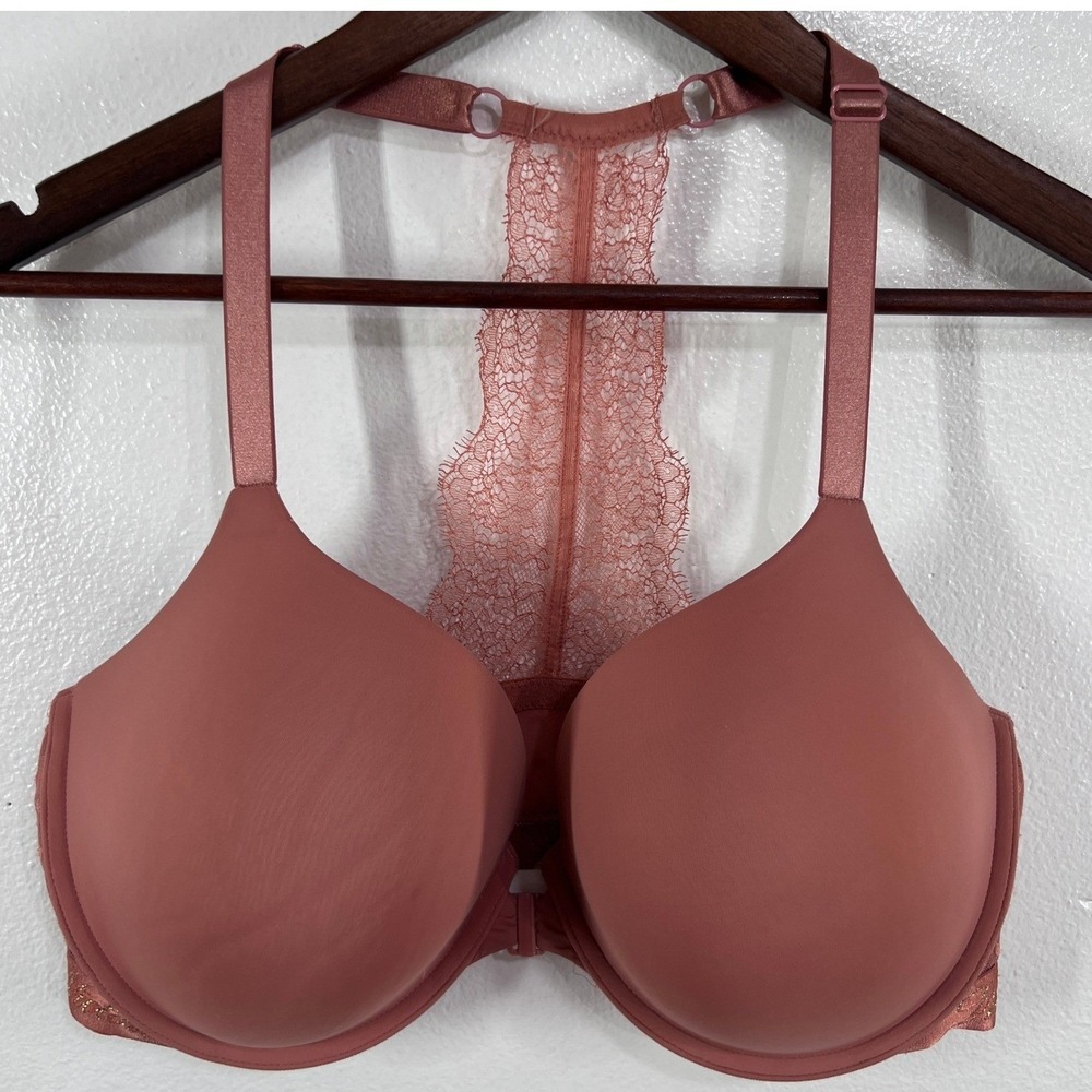 Victoria's Secret 38DD Full Coverage Push Up Bra Lace Racerback Mauve Pink Mesh